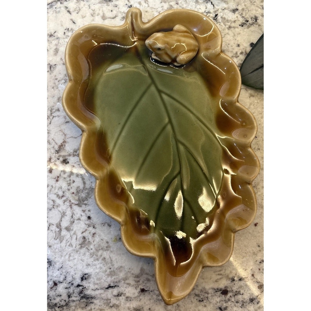 Vintage Frog On Leaf Trinket Dish Whimsical Unique‎ Green Brown Mcm 60S 70S